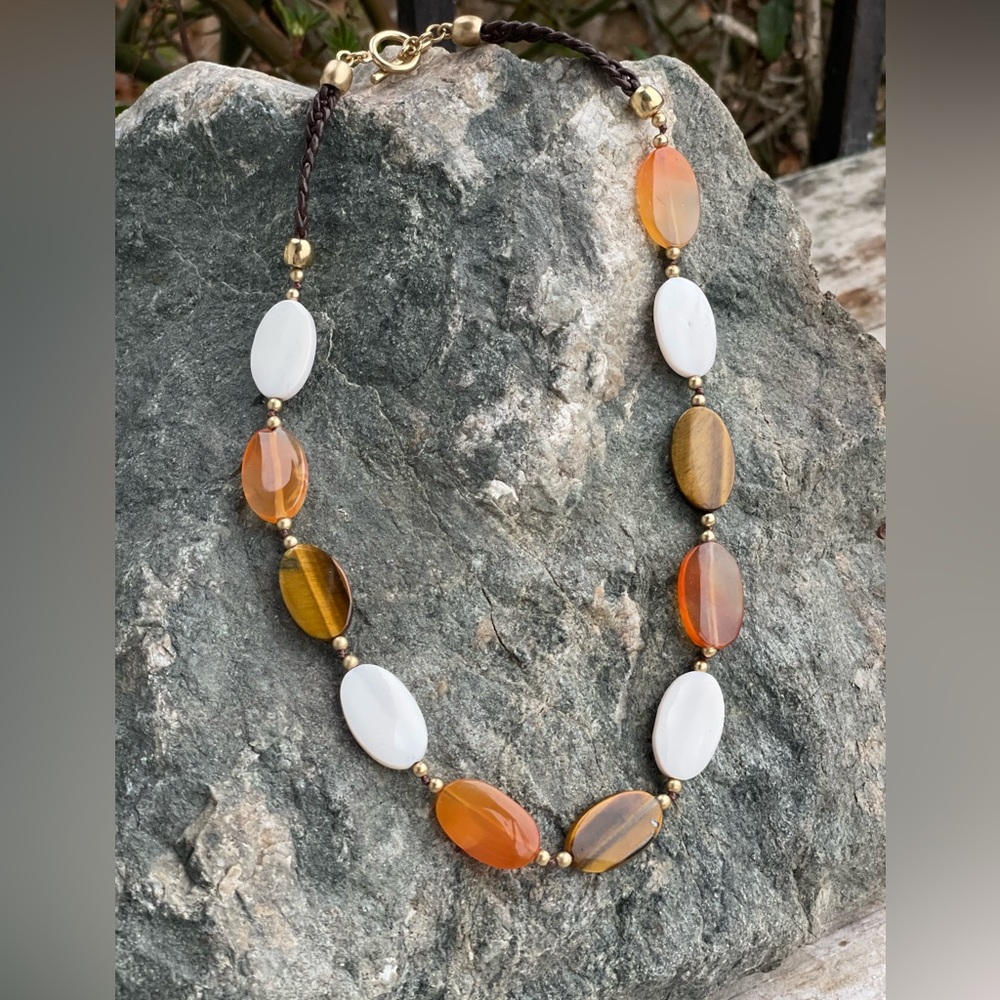 Monet Tigers eye, carnelian, mother of pearl beaded vintage necklace